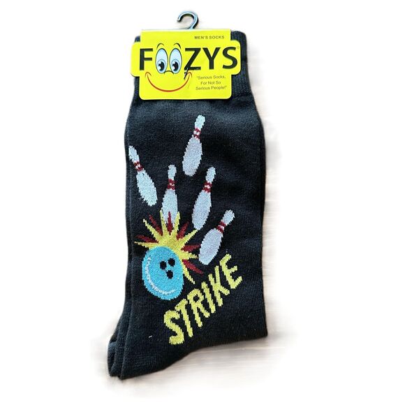 Foozys Black Bowling Ball Pins Print Crew Fun Socks Men's One Size - Picture 1 of 2
